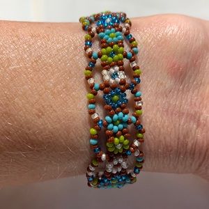 Woven Green Blue White Brown and Turquoise Beaded Bracelet